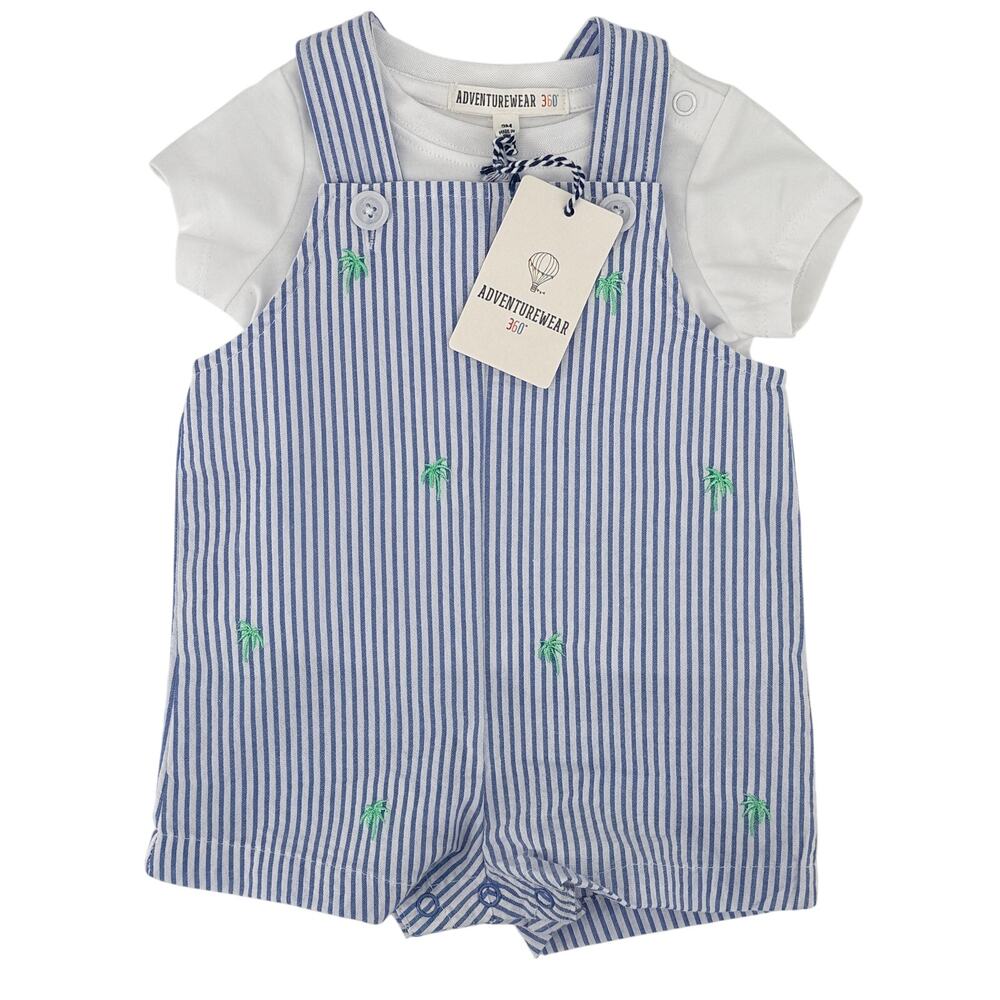 Adventure Wear 360 Baby Boy Sz 3M Seersucker Palm Tree Overall Shirt Set